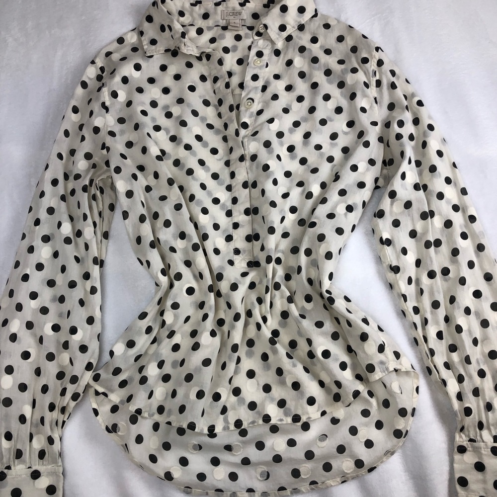 White and black polka dot high low half button down camp shirt from J Crew
